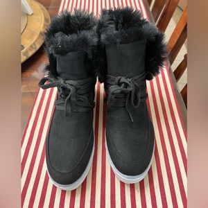Bamboo short black fuzzy tie front boots. New. Size 8